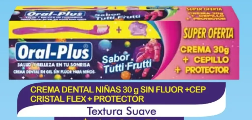 CREMA DENTAL ORAL PLUS 30 SIN FLUOR NIÑA + CEP CRISTAL FLEX + PROT