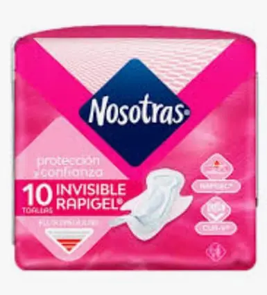 TOALLA HIGIENICA NOSOTRAS INVISIBLE RAPIGEL 10 UND + PROTECTORES LARGOS