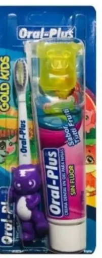 [0972] CREMA DENTAL ORAL PLUS GOLD 70 SIN FLUOR + CEPILLO + PROTECTOR NIÑA